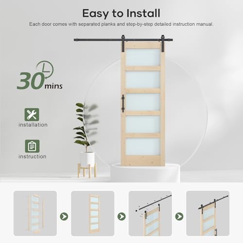 42x84 inch Glass Sliding Barn Door Slab with 7ft Hardware Kit Included, 5-Panel Frosted Glass, Spruce Wood Support DIY Dyeing, Easy Assembly