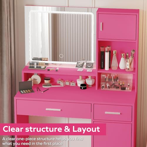 Vanity Desk with Mirror and LED Light Strip,Dressing Table with Large Drawer, 3 Level Storage Dresser & 3 Lighting Modes Adjustable Brightness