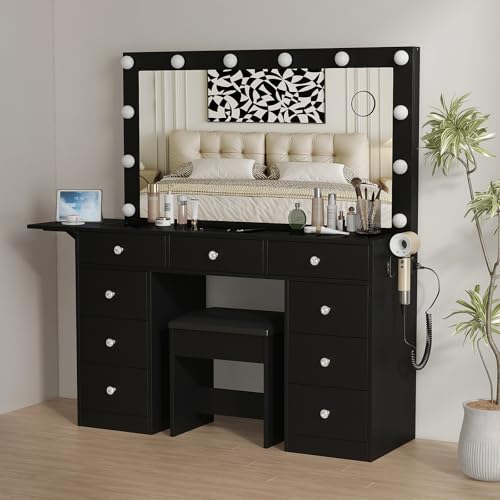 55" W Vanity Desk, Makeup Vanity with Charging Station, 15 Drawers with Lighted Mirror, 3 Lighting Modes, Brightness Adjustable, Glass Top