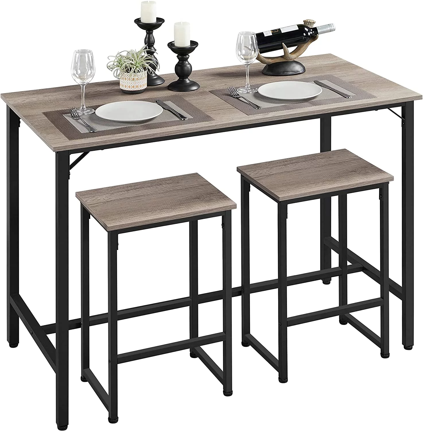 3 Piece Bar Table Set, 47.5” Industrial Counter Height Dining Table with Bar Stools Set of 2, Kitchen Breakfast Table and Chairs for Dining Room