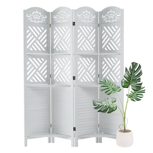 Room Divider with Shelves, 5.75ft Tall Folding Wood Carved Screen with Double Hinges for Home Office Bedroom Hotel Decoration (6 Panels, Natural)
