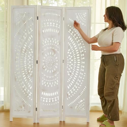 Room Divider Wood Carved Wall Divider Indoor Folding Bohemian Style Portable Partition Screen for Home Office Garden Terrace - 6 Panels (Antique