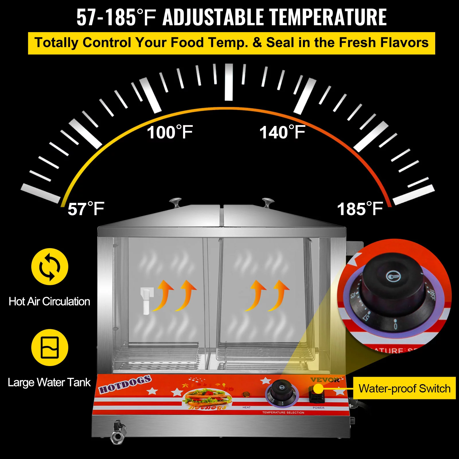 BENTISM Hot Dog Warmer,Top Load Hut Steamer for 100 Hot Dogs&48 Buns,Stainless Steel food warmer with Bun Warmer