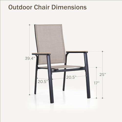 PHI VILLA Outdoor Stackable Dining Chairs Set of 6（Beige,Lightweight Aluminum Frame with Textilene Fabric & Wider Armrest,Easy to Store