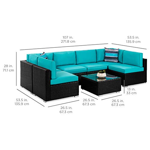 Best Choice Products 7-Piece Modular Outdoor Sectional Wicker Patio Conversation Set w/ 2 Pillows, Coffee Table, Cover Included - Gray/Navy