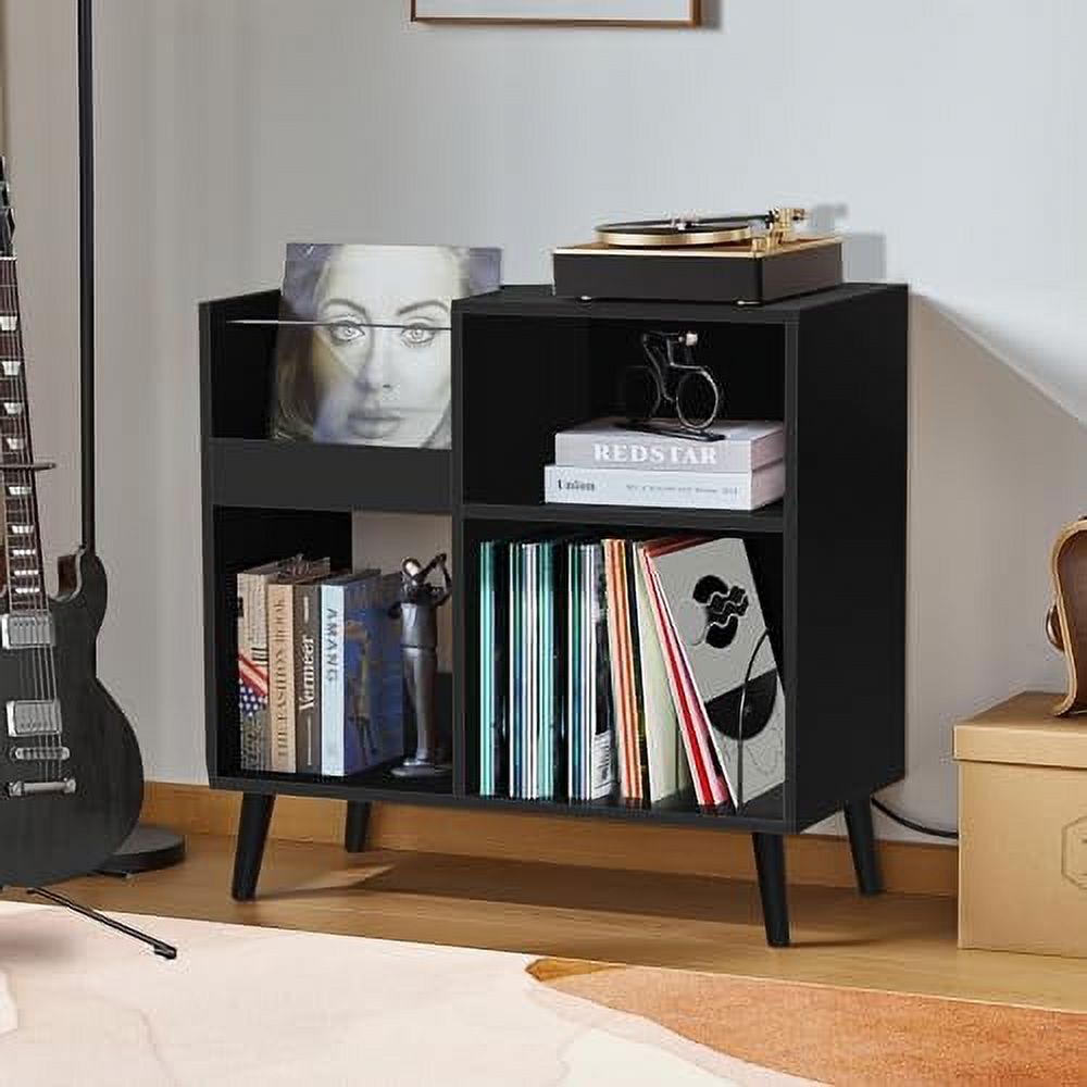 CDHJKKB Mid-Century Vinyl  Cabinet  with Solid Wood Legs  Turntable Stand with Power Outlet Holds up to 200 Albums  Record Player Holder Display