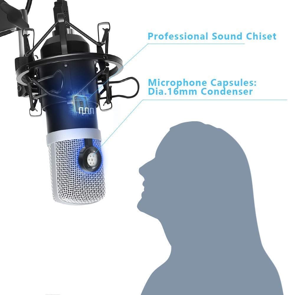 USB Podcast Condenser Microphone 192kHZ/24bit, UHURU Professional PC Streaming Cardioid Microphone Kit with Boom Arm, Shock Mount