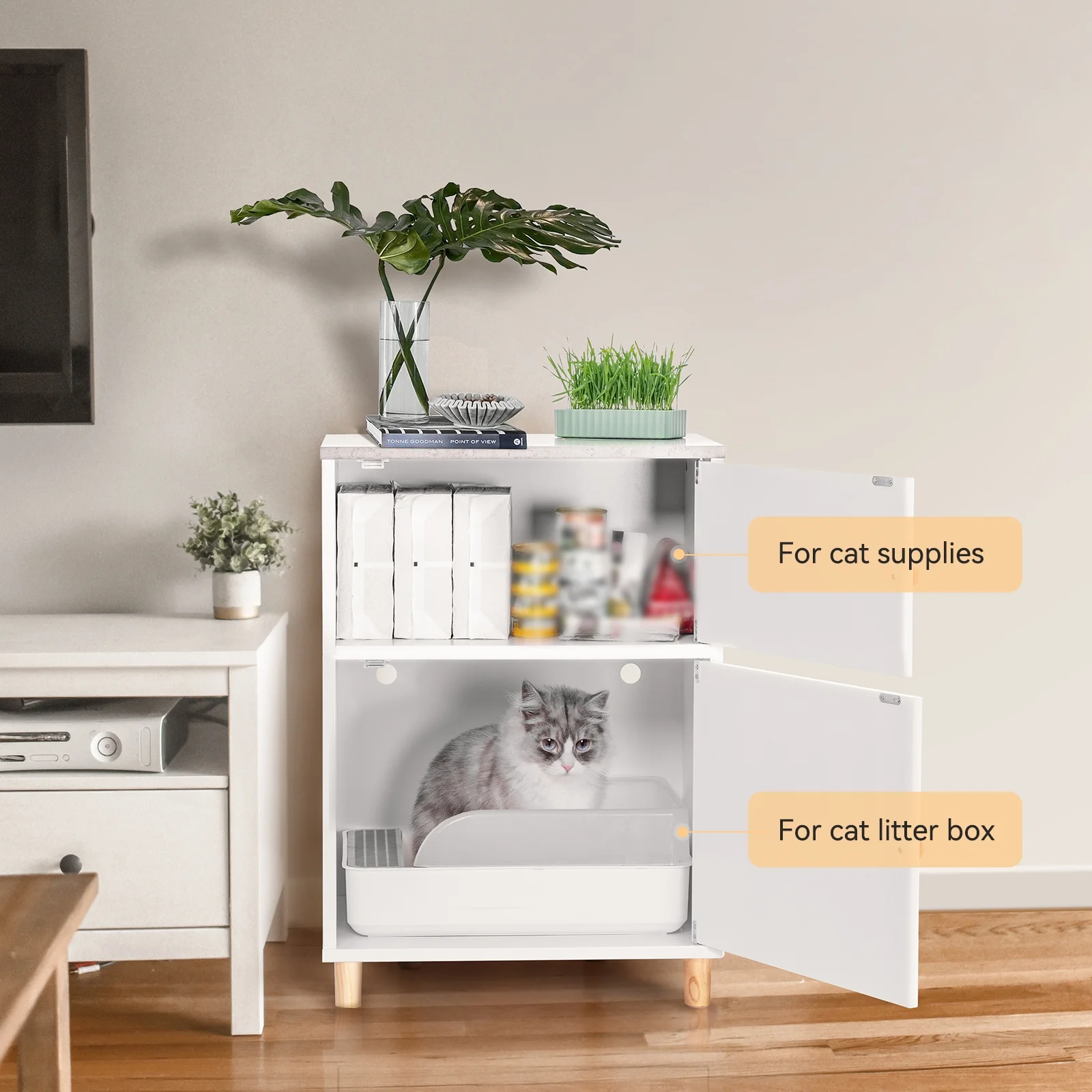 PETSFIT Cat Litter Box Enclosure, Odor-Free Design, Storage Cabinet, Easy-Clean, and Stylish Hidden Cat  Litter Box Furniture White