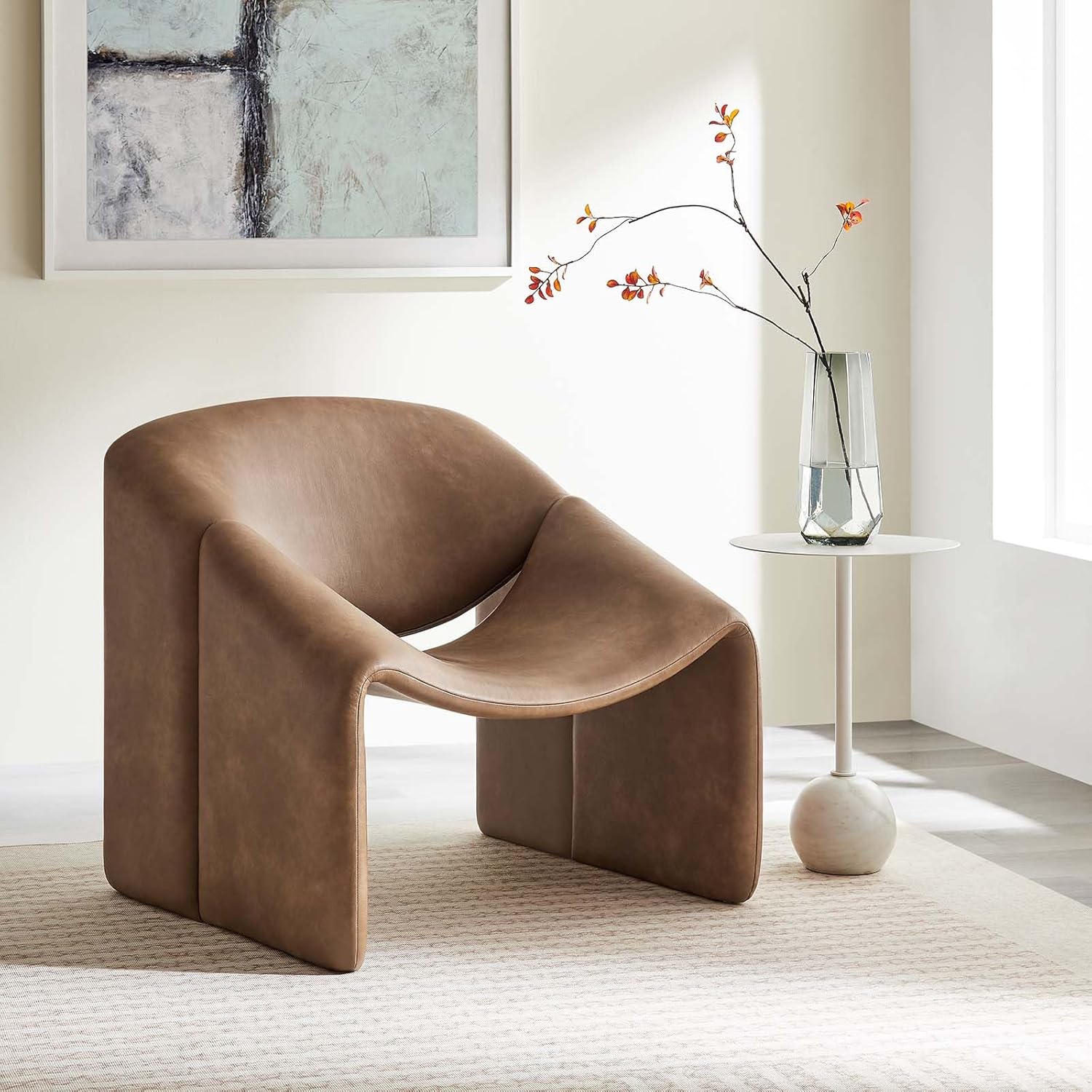 Modway Vivi Upholstered Faux Leather Brown-Stylish Vegan Accent Armchair, Modern Barrel, Comfortable Lounge Reading Chair for Living Room and Bedroom