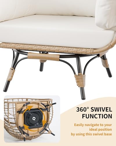 Oversize Wicker Egg Chair with 4 Comfy Cushions, Big Egg Shaped Lounger with Ottoman, Rattan Reading Chairs for Indoor Outdoor Patio Porch Backyard