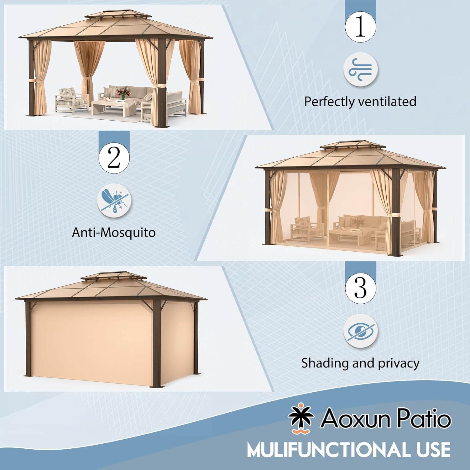 Aoxun 10x12FT Hardtop Gazebo, Aluminum Frame Permanent Pavilion with Curtains and Netting, Outdoor Polycarbonate Gazebo, Double Roof Canopy