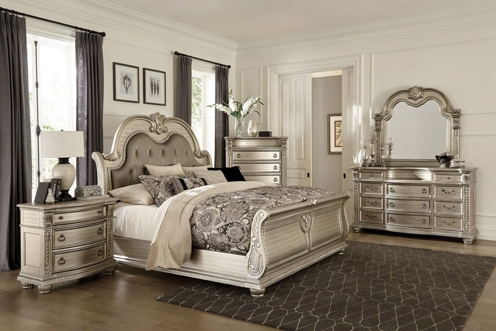 Luxurious Bedroom Formal Traditional Queen Size Bed Tufted HB 4pc Set Nightstand Dresser Mirror Silver Finish Wooden Furniture