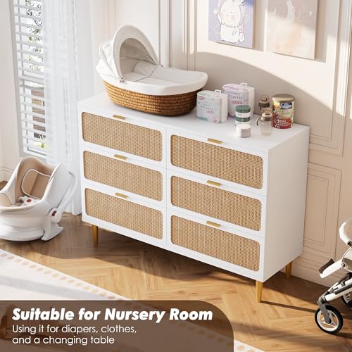 Rattan 5 Drawer Dressers for Bedroom, Tall Dresser with Deep Drawers, Large Chest of Drawers for Closet with Wide Top