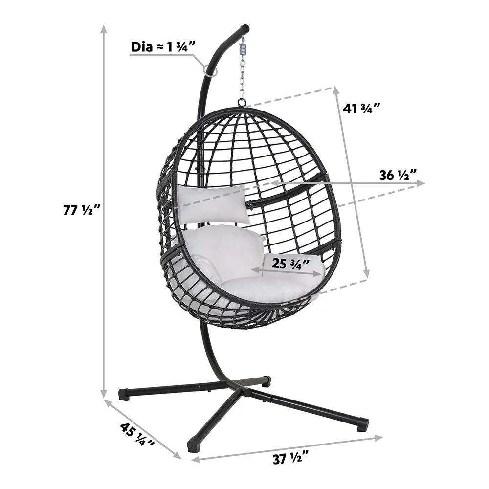 Abble Wicker Hanging Egg Chair with Cushion and Stand - Black