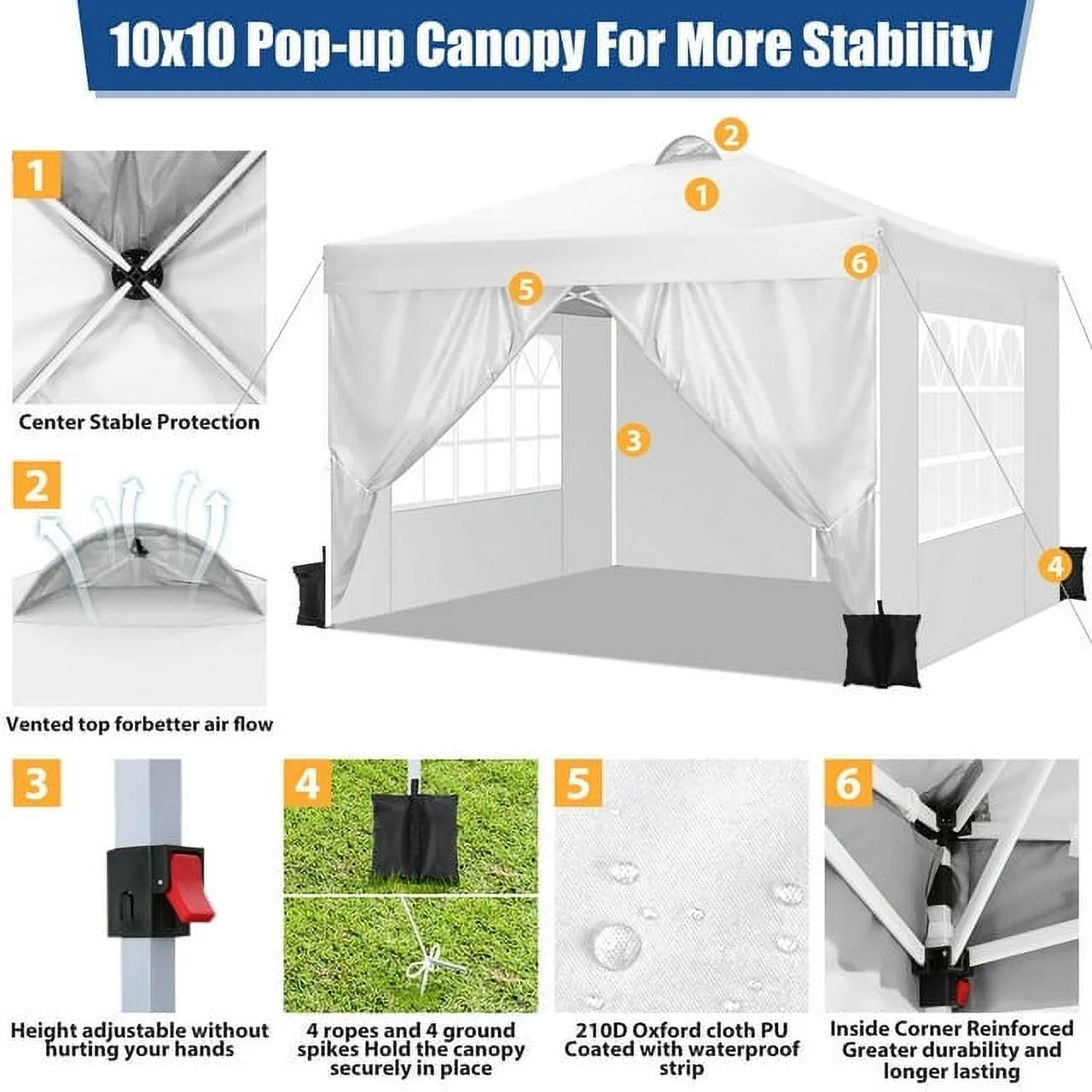 10'x10' EZ Pop Up Canopy with Top Vent, Large Commercial Tent, Waterproof and Sunproof with 4 Removable Sidewalls