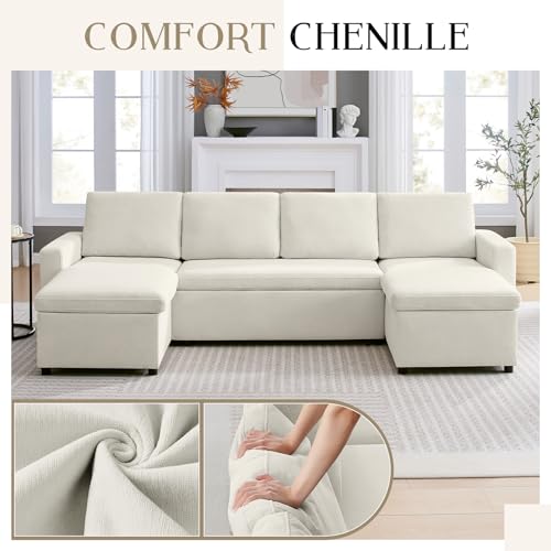 55" 3-in-1 Convertible Sleeper Sofa Bed with Adjustable Backrest - Soft Chenille Futon Couch for Living Room, Office & Apartment, Beige