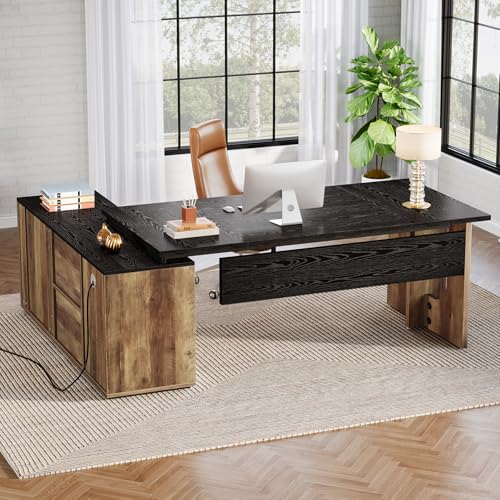 Tribesigns 74.8" Executive Desk, Large Office Desk with Cabinet, L Shaped Computer Desk with Shelves and CPU Storage