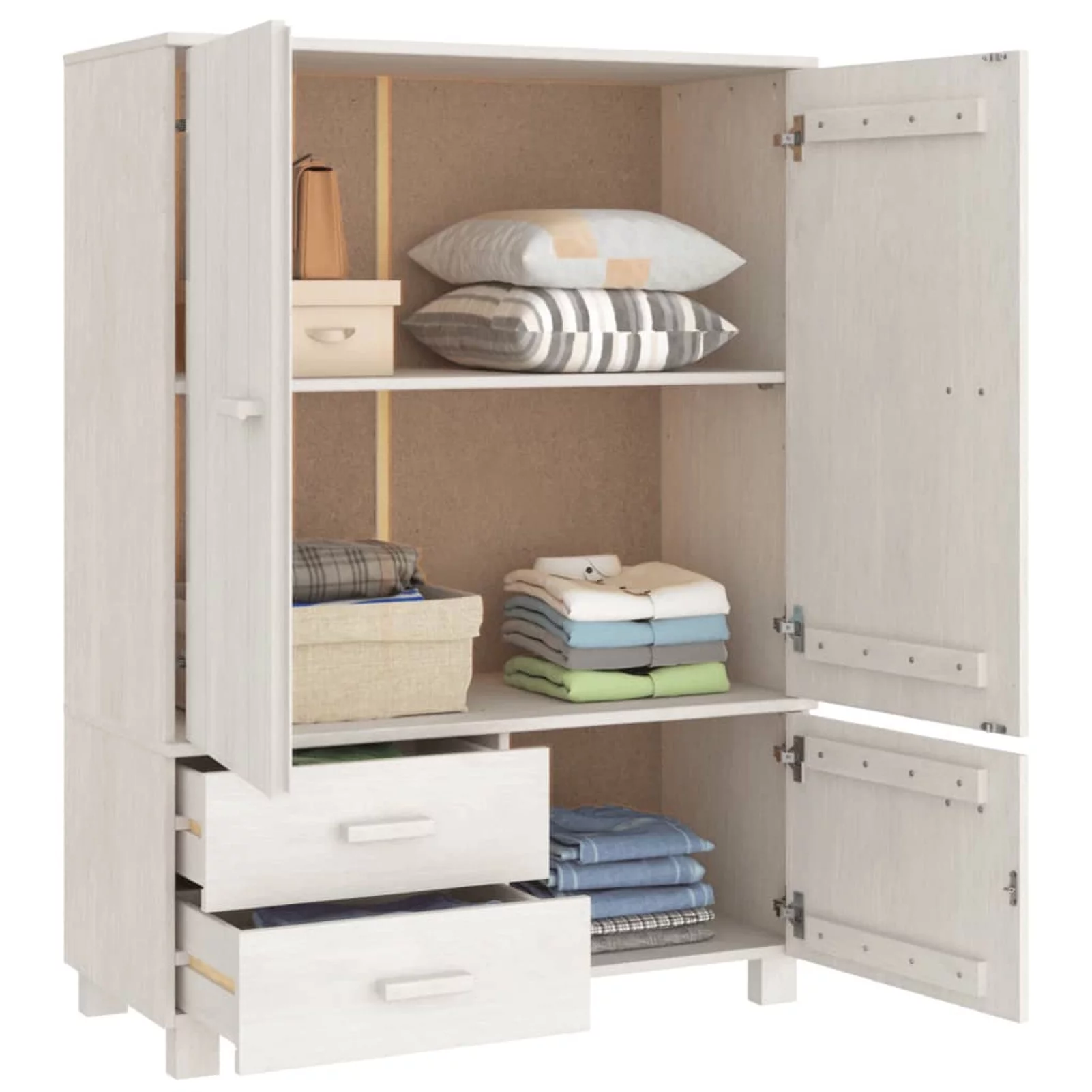 Dcenta Wardrobe with Storage Compartment, Doors and Drawers, Pine Wood Clothes Organizer