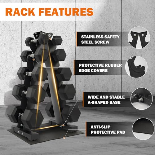 Dumbbell Set with Rack, Rubber Coated Hex Dumbbell Weights in 150lbs, 5, 10, 15, 20, 25lbs Pair, Black