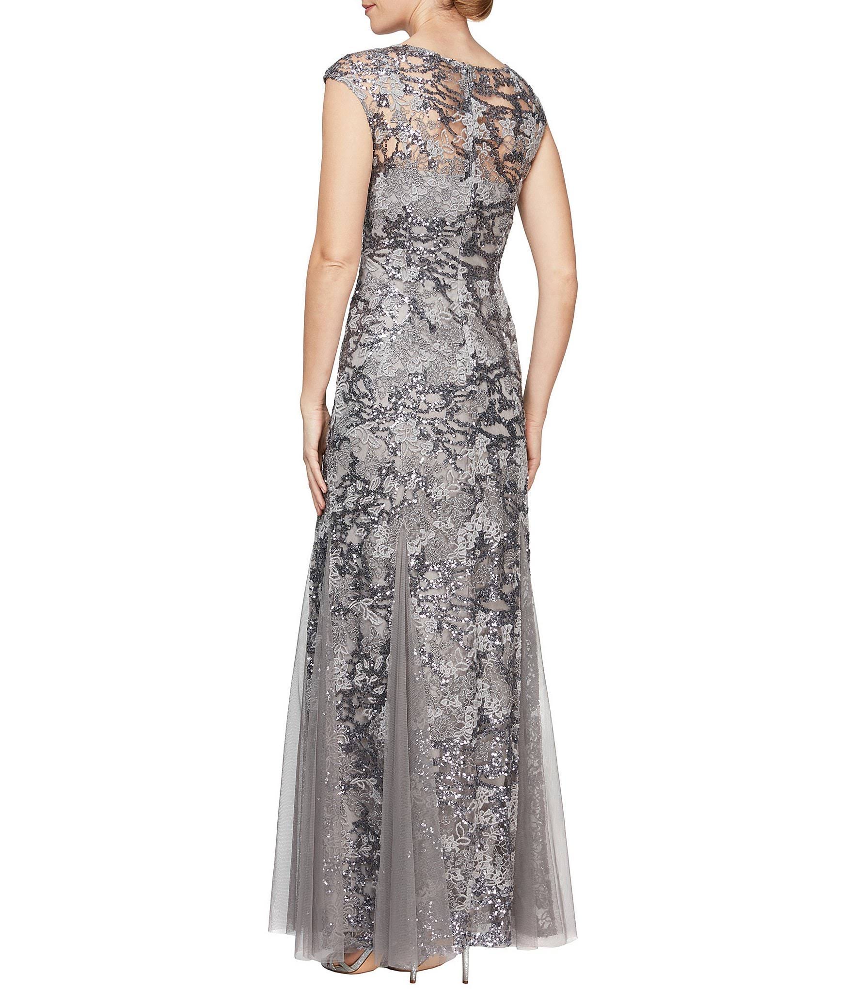 Alex Evenings Illusion V-Neck Capelet Cap Sleeve Embroidered Lace Godet Gown - 14