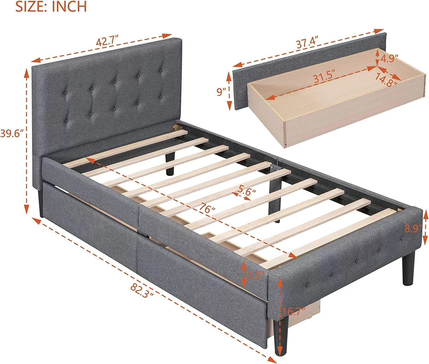 Tabaray Twin Bed Frames, Bed Frame Twin Storage Bed Upholstered Twin Size Bed Frames with Headboard and Storage Underneath, Wooden Slats Support