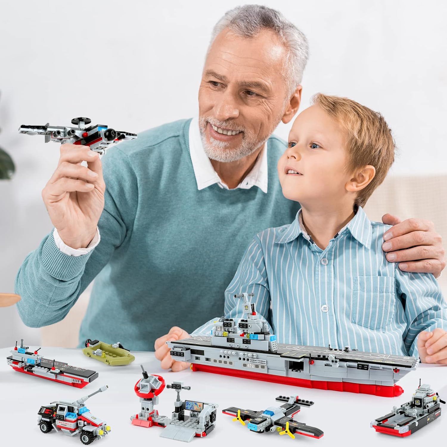 1161 Pieces Aircraft Carrier Building Blocks Set, 13 in 1 Military Battleship Model Building Toy Kit with Armored Tank, Fighter