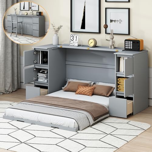 Twin Size Murphy Beds with Charging Station and Storage Drawers, Wood Cabinet Bed Frame, Wall Bed with Outlet & USB Ports for Home Office Studio
