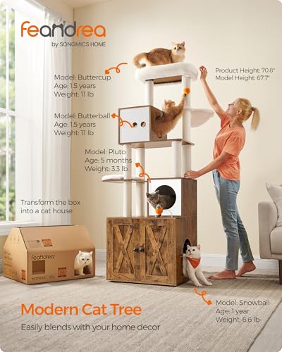 Feandrea Cat Tree with Litter Box Enclosure, 2-in-1 Modern Cat Tower, 70.8-Inch Tall Cat Condo with Scratching Posts, Perch, Caves, Basket