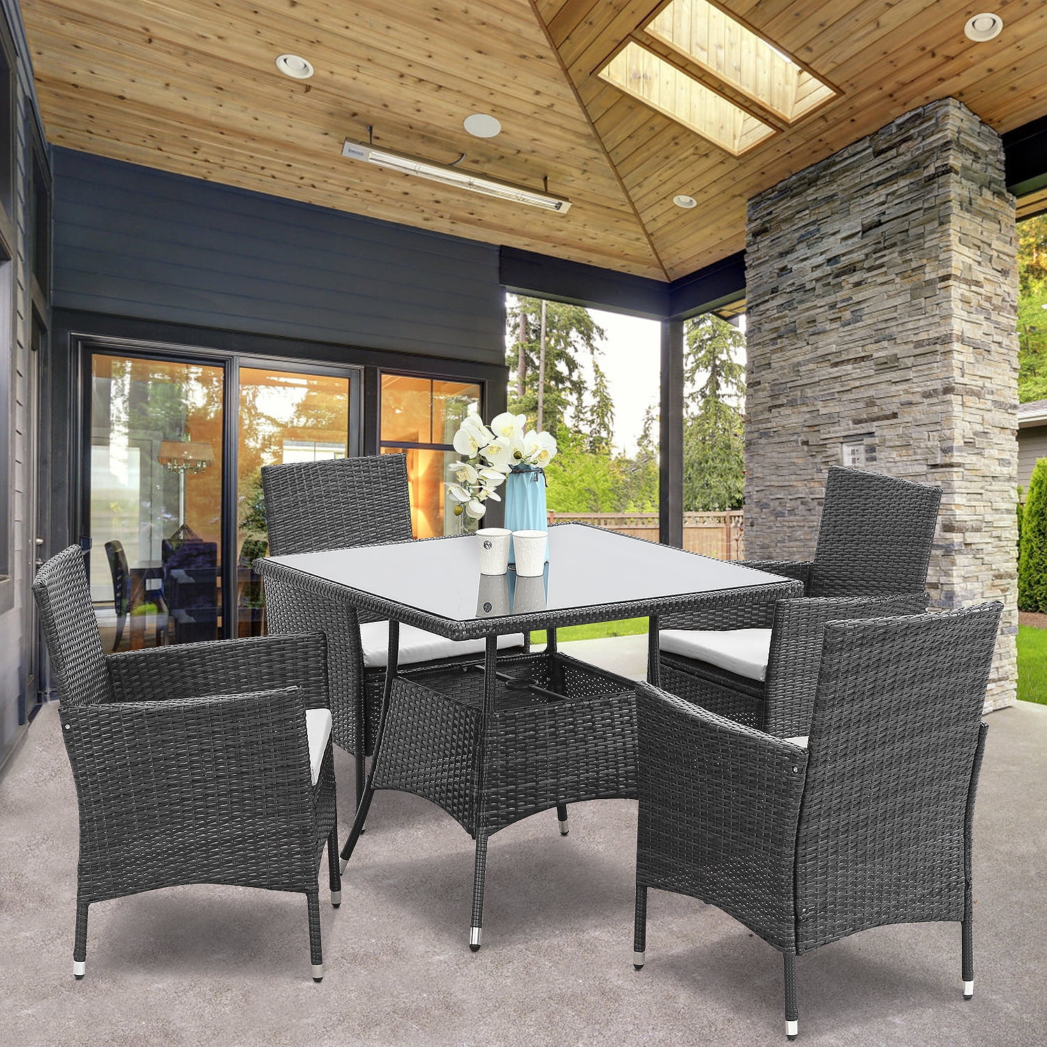 CozyHom 5 Pcs Outdoor Patio Wicker Furniture Dining Table Sets, Sectional Conversation Glass Dining Table Chairs Set for 4 with Umbrella Hole, Grey