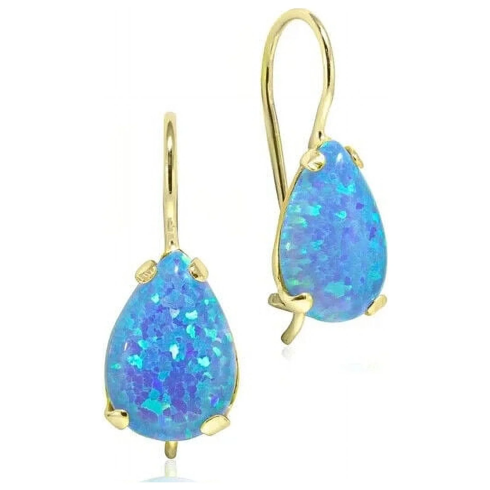 14K Yellow Gold Pear Cut Blue Opal Gemstone Earrings - Teardrop Earrings