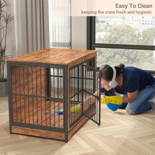Rovibek Double Dog Crate Furniture, 86 Inch, 2 Dog Crate with Removable Divider & Trays, Furniture Style Dog Cage for 2 Dogs Indoor with Three Doors