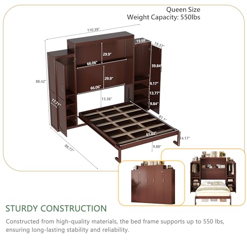 Polib Full Size Murphy Bed with Two Wardrobes and Storage Shelf, Space-Saving Wall Cabinet Bed with Foldable Platform Bedframe for Small Bedrooms