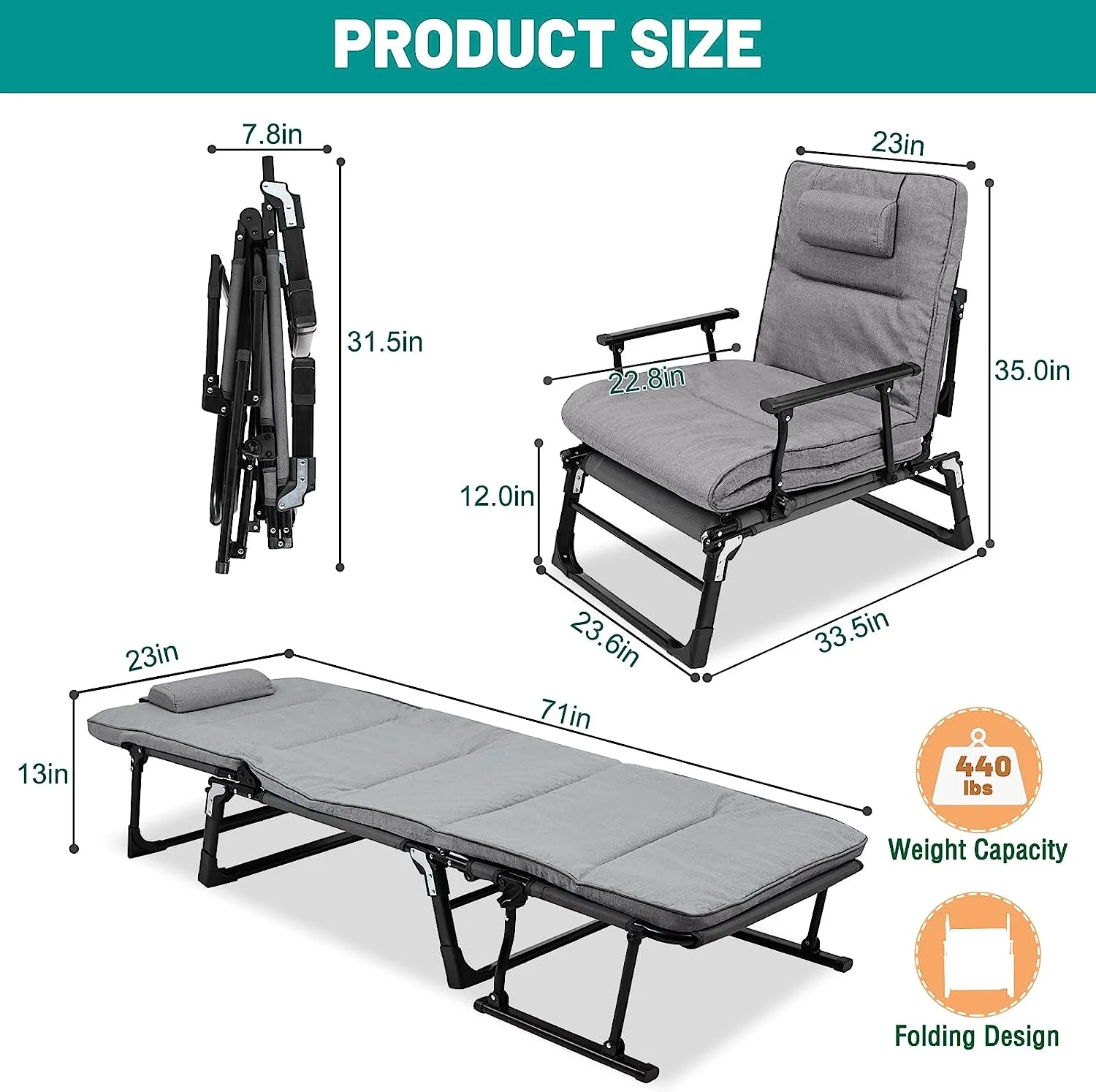 Slsy 3 in 1 Folding Sofa Bed, Portable Folding Bed with Mattress & Pillow, 6 Position Adjustable Convertible Chair, Rollaway Guest Bed Fold Out Bed