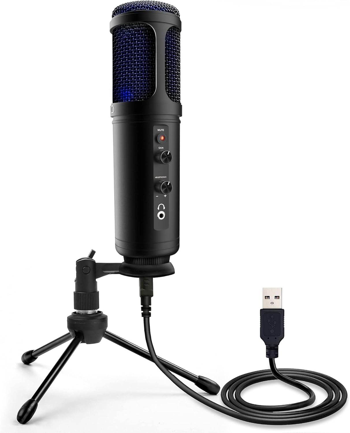 USB PC Recording Condenser Microphone - Blue LED, Adjustable Gain, Headphone Jack, Mute Control, Tripod Stand