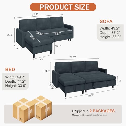 Vongrasig Convertible Sleeper Sofa, Pull Out Couch with Storage, 77" L-Shaped Sofa Bed with Storage Chaise Corduroy Fabric for Living Room, Apartment