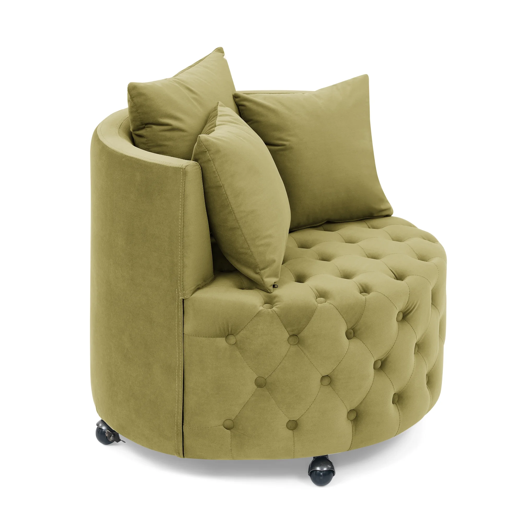 Buumin Velvet Upholstered Swivel Chair for Living Room, Corner Chair, Button Tufted Design, Movable Wheels, 3 Pillows,Khaki Green