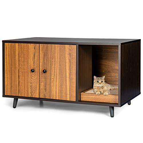 PETSITE Cat Litter Box Enclosure, Wooden Litter Box Cabinet with Divider, Scratching Pad & Metal Legs