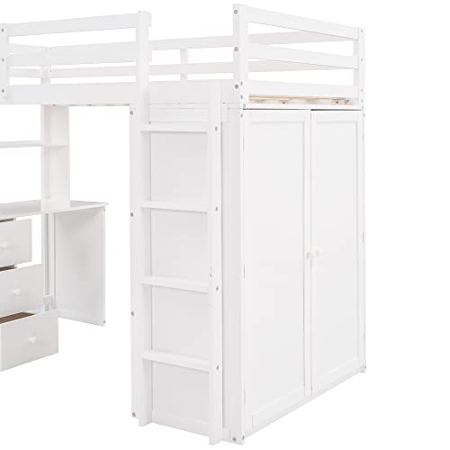Loft Bed with Desk and Wardrobe Full Size Loft Beds Frame with Storage Drawers Cabinet Wood All in One Beds for Kids Boys Girls Teens Bedroom Dorm