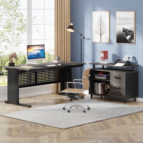 Tribesigns 63 Inch Executive Desk with File Cabinet, Large Office Desk L Shaped Computer Desk with Drawers and Storage Shelves