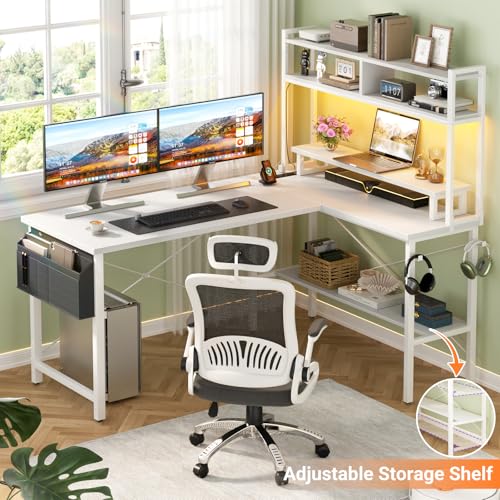 Aheaplus L Shaped Gaming Desk with Power Outlets & LED Lights, Small L- Shaped Desk Computer Corner Desk with Monitor Stand & Storage Shelf