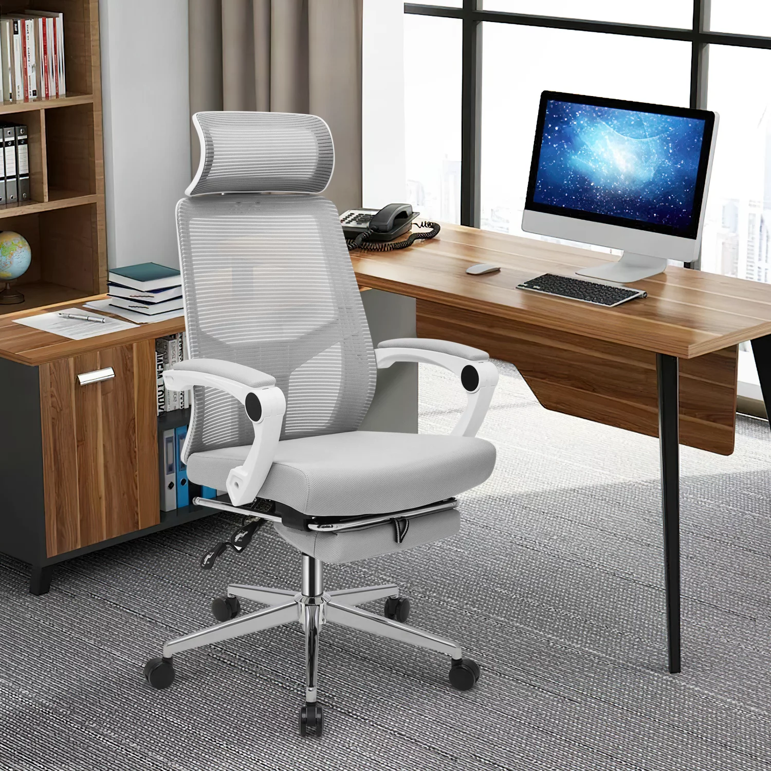 Magshion Ergonomic Office Executive Chair, Adjustable High Back Seat with Headrest & Footrest for Home Office, Grey