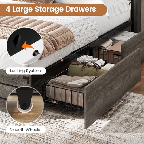 VIAGDO Wooden Bed Frame Queen Size with Bookcase Headboard and Sliding Barn Door, Farmhouse Queen Bed Frame with Charging Station