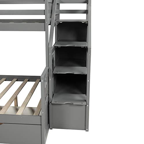 Harper & Bright Designs Bunk Beds Twin Over Full Size, Bunk Bed with Trundle,Storage Shelf and Stairway