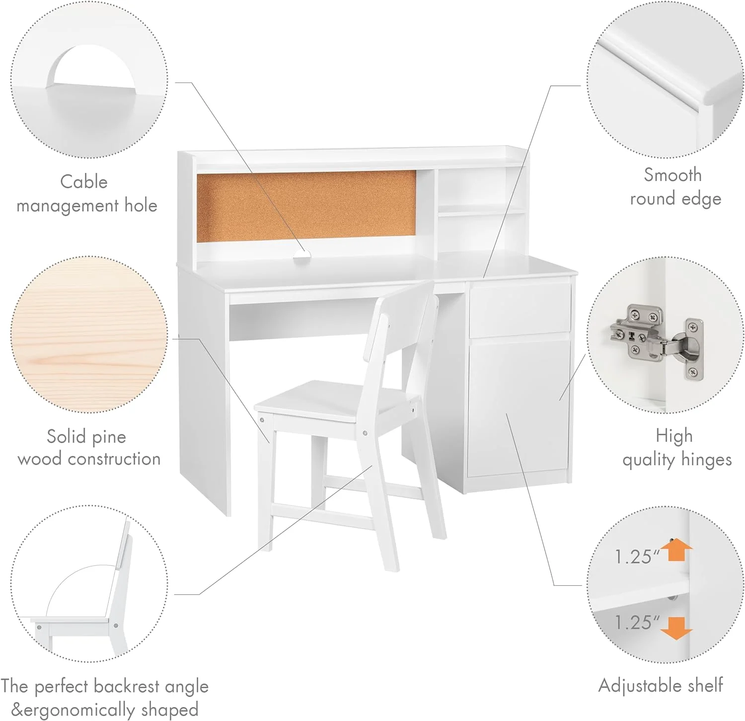 Spirich Kids Study Desk with Chair, Kids Desk and Chair Sets with Hutch and Storage Cabinet, Wooden Children Study Table