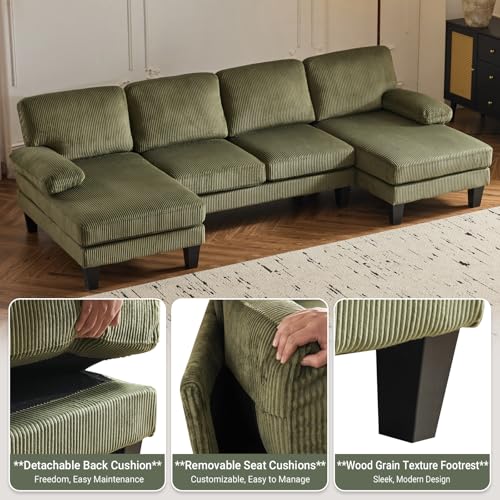 VINGLI 110" Sectional Couches for Living Room,U Shaped Couch with Double Chaise, 4-Seat Sofa Set with Chenille Fabric for Home Furniture,Forest Green