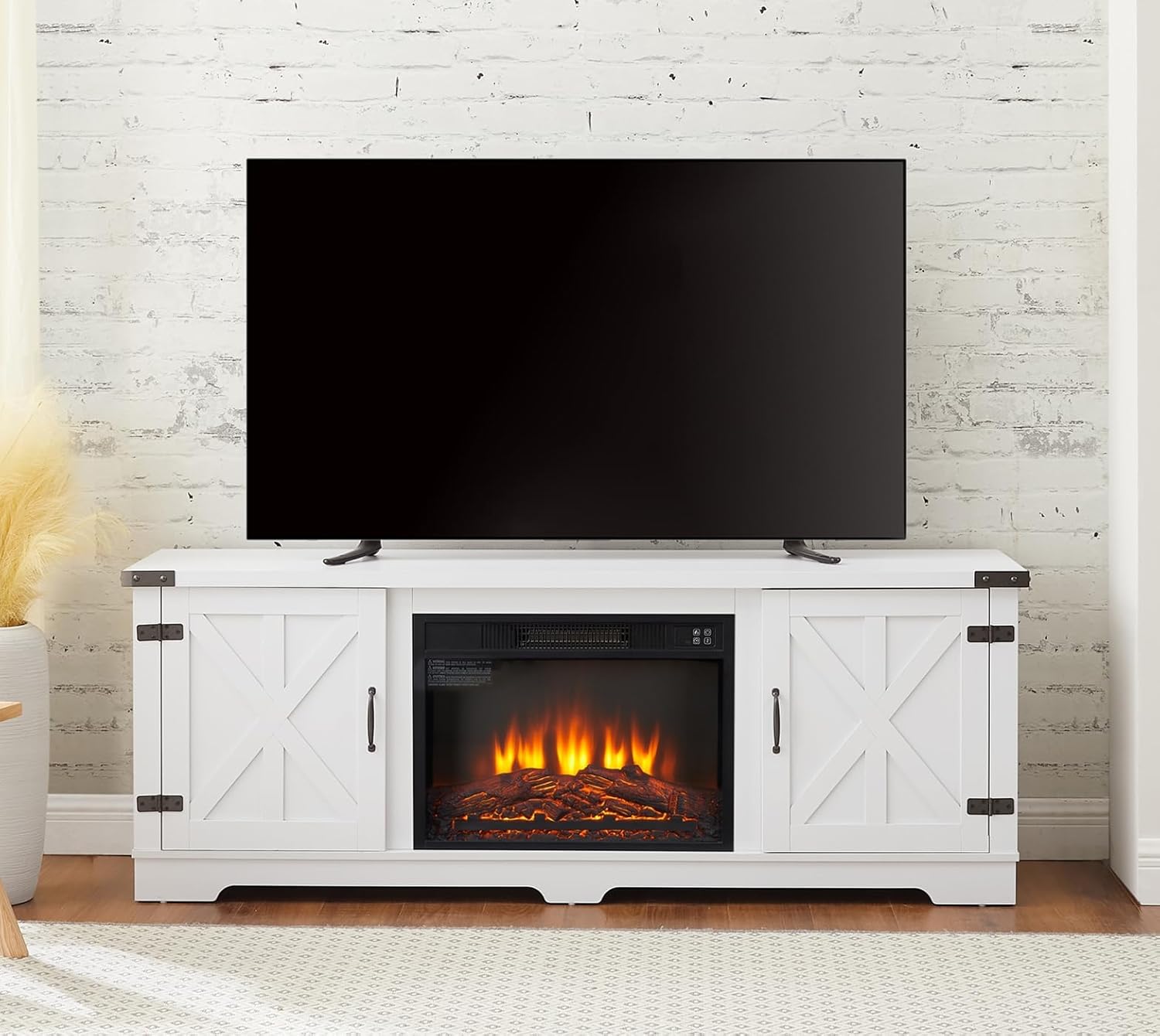 Modern Farmhouse TV Media Stand, Large Barn Inspired Home Entertainment Console, with 23" Fireplace Insert, for TV Up to 70"