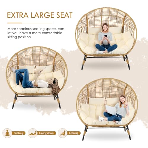 NICESOUL® Double Egg Chair Indoor Outdoor Stationary Oversized Thicken Padded Cushions, 2 Person Egg Loveseat Chair