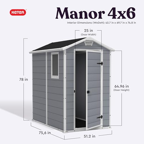 Keter Manor 4x6 Resin Outdoor Storage Shed Kit-Perfect to Store Patio Furniture, Garden Tools Bike Accessories, Beach Chairs and Lawn Mower