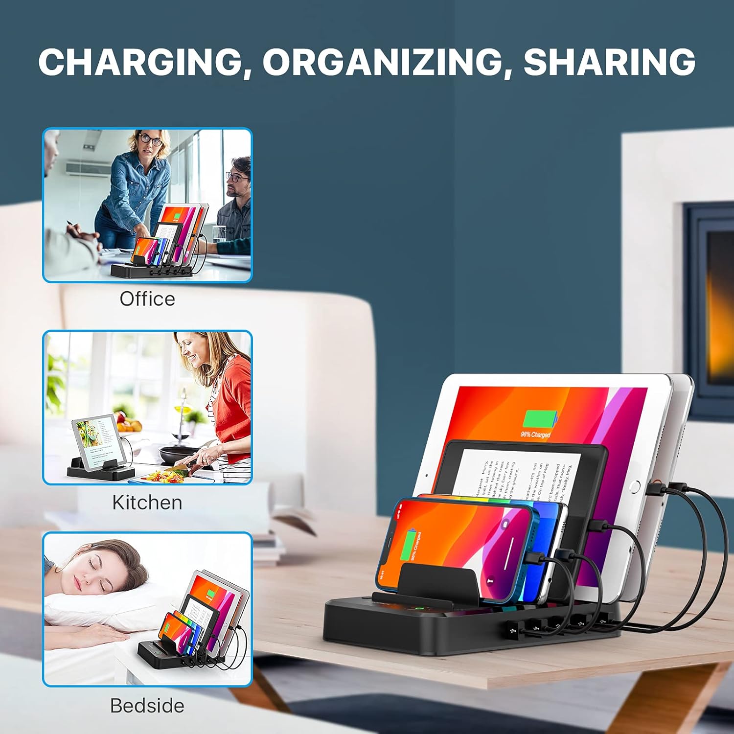 Charging Station for Multiple Devices 5 Ports with 6 Mixed Charging Cables Multi USB Charger Station Organizer for Cell Phones Tablets Tab