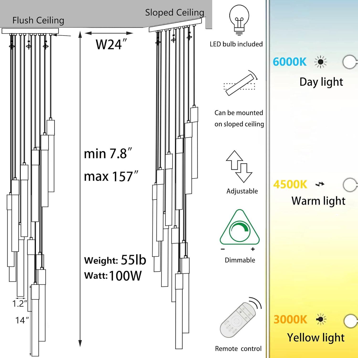 H118 24-Lights High Ceiling Chandelier Silver Chrome Light Modern Dimmable Light Fixtures Foyer Chandelier Light Pendant Lighting Ceiling Crytstal